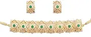 NEW! Touchstone "Mughal Jali collection" Indian Bollywood Great Mughal Era Inspired Choker Embellished With Faux Emerald, Pearls And Rhinestone Bridal Designer Jewelry Necklace Set In For Women In Gold Tone.