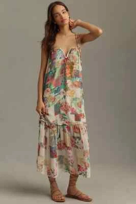 By Anthropologie Chiffon Shift Midi Dress M new with tag nwt floral red green