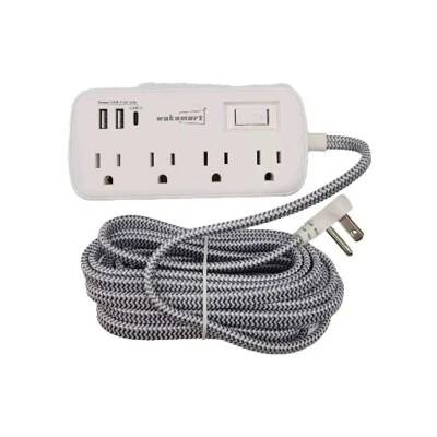 Waksmart Powerstrip Surge Protector With 4 Outlets & USB/USB-C 15ft Braided Cord