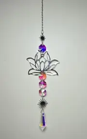 Silvertone Lotus Flower Diamond Prism Suncatcher Crystal Rainbow Window Hanger