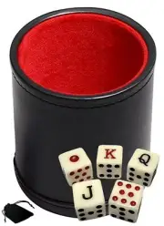 Black PU Leather Red Felt Lined Dice Cup Spanish Poker Dice Ivory Tone Pouch Set