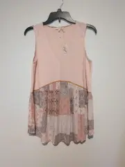 Nwt Mystree Peach Sleeveless Boho Top Patchwork S Women's Vee Neck