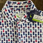 TailorByrd NWT Mens Small Golf Polo Shirt White w/ Blue & Red Pineapples SS NWT