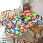 5 Foot Rectangle Elastic Fitted Tablecloth, Waterproof Edged Great for Picnic Party Outdoor Patio,Rainbow Hearts