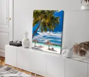 Palm Tree & Beach Huts in Tropical Beach Stretched Canvas 40x50cm Print