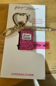 Betsey Johnson Hand Bag Charm Key Ring Clip Notebook & Pencil Crystal Gold Tone