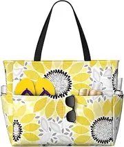 [Ghjkfbf] Abstract Sunflowers Print Large Capacity Beach Travel Bag For Family, Beach Tote Bag For Women With Zipper Pockets, Black, One Size