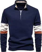 [Ausing] Men's Loose Casual Sweatshirt Long Sleeve Trend Sportswear Quarter Zip Pullover Workout Jacket Stand Collar Office Jumpers Cotton Simple Contrast Color Sweatshirts S-XXL