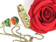 Emerald Faberge egg style Jewelry SET HANDMADE 24k GOLD Womens day gift for her