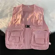 Plain Snap Buckle Cargo Vest Pink - XL