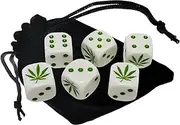 Set of (6) 16mm Marijuana Leaf Design Dice 6-Sided D6 Rounded Corners with Black Velvet Storage Pouch Bag