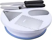 SHOWERORO 1 Set 6pcs Baking Tool with Rotary Cake Turntable Aluminum Scrapers Oval Triangle Curved Straight Spatulas Non Slip Blue Base for Home Baking