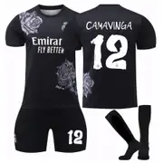 Nevenka CAMAVINGA #12 Real Madrid CF Y3 Black Soccer Jersey Kit Football T-shirt Set for Adult Kids