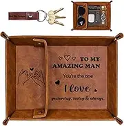 Bedside Organiser Gifts for Him, Mens Anniversary PU-Leather Valet Tray Gifts, I Love You Gift Set for Husband Boyfriend, Birthday Presents Nightstand Tray for Mens Accessories
