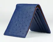 Navy Blue Mens Real Ostrich Leather Bifold Wallet Exotic Skin Wallet Handmade