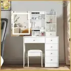 Vanity Dressing Table Stool Set w/ LED Sliding Mirror White Makeup Desk Dresser