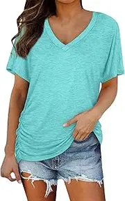 [Generic] Short Sleeves V Neck Plain Color Soft Loose Fitting Summer T Shirts Women Sequin Top Plus Size