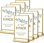 Smarpau 4x6 Gold Acrylic Sign Holder Table Number Holders 8 Pack Vertical Double Sided Clear Picture Frames for Wedding Flyer Display Stands Table Menu Holders