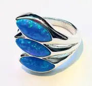 Antique style dark Blue Opal marquise 3 stone Ring Sterling Silver 7 8 9