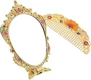 LIFKOME 1Set Vintage Handheld Mirror and Comb Set Antique Style Beauty Mirror with High Definition Reflection Elegant Floral Design for Makeup and Hair Styling for Travel and Vanity