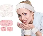 Spa Headband Face Wash Wristband and Headband Set, Microfiber Head Band Skincare Headbands Makeup Headband and Wristband Set for Washing Face, Facial Wrist Towel Washbands for Women Girls (Pink)