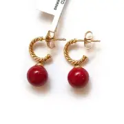 New DAVID YURMAN Solari Hoop Earrings in 18K Gold with Red Enamel Bead