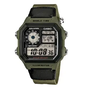 【CASIO】10年電力電子錶款 軍事風格 帆布錶帶AE-1200WHB-3B防水100米 宏崑時計 台灣卡西歐保固一年