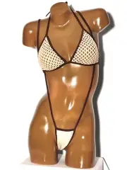 New exotic dancer slingshot thong bikini 2 piece set A/B cup Nude mesh /Brown