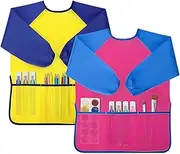 Kids Painting Apron 2 Pack - Waterproof Art Smock with Long Sleeves, 3 Pockets for Ages 2-8, Easy-Clean Kids Apron for Crafts