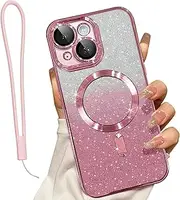 for iPhone 13 Case Clear Magnetic Glitter Phone Cases [Compatible with MagSafe] Protector Slim Sparkle Luxury Plating Shockproof Protective Cover Women (Pink, iPhone 13)