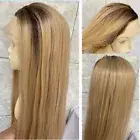 Lace Front Human hair Blend Heat OK Wigs Blonde Mix Straight Dark Roots 27/613