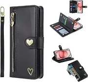 HAONANDE Wallet Case for Samsung Galaxy S21 FE, Cute Heart Pattern PU Leather Flip Folio Zipper Pocket Women Girls Phone Cover with Wrist Strap Card Holders Kickstand Magnetic Black