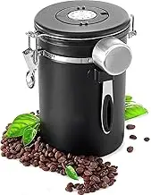 Airtight Coffee Canister, Airtight Stainless Steel Food Storage Container with Date Tracker and Scoop for Grounds Coffee, Beans, Tea, Flour, Cereal, Sugar 1.8L (Black)