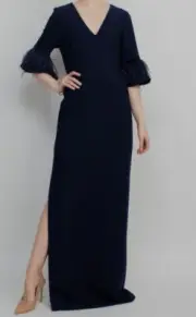 $395 Aidan Mattox Women's Blue Feathered-Cuff V-Neck Gown Dress Size US 6