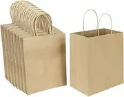 Oikss 100 Pack 8x4.75x10 Inch Medium Plain Natural Paper Bags with Handles Bulk, Kraft Bags for Birthday Party Favors Grocery Retail Shopping Business Goody Gift Bags Sacks (Brown 100 PCS Count)