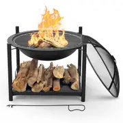 SereneLife Outdoor Wood Fire Pit - 26" Steel BBQ Grill with Mesh Spark Screen, Log Grate, Fire Poker & Cover for Camping, Picnic, Bonfire - Durable, Easy to Assemble, 2 in 1