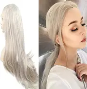 Xiweiya Long Straight Silver Platinum Blonde Lace Front Lace Wigs Synthetic Ash Blonde Straight Heat Resistant Fiber Wigs Middle Parting Wig for Women