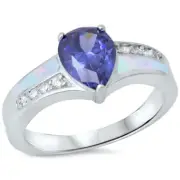 Pear Tanzanite, White Opal & Cz .925 Sterling Silver Ring