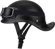 Vintage Motorcycle Leather Half Face Helmet Open Half Shell Helmet with Square Retro Mirror for Men Women Street Racing Cruiser Scooter DOT/ECE Approved