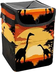 Car Trash Can with Lid and Storage Pockets Leak-Proof Organizer,Waterproof Garbage Can,African Dinosaur and Sunset