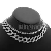 Hip Hop Iced Silver PT 18" Prong Cuban & 1 Row CZ Tennis Choker Chain Necklace