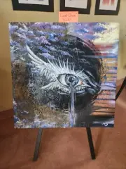 Large, abstract acrylic textured angelic eye painting titled 'Good Omen' 60cm²
