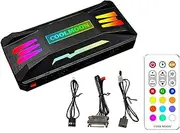 KLLsmDesign Pwm Fan Temperature Controller Integrator, Remote Control Computer RGB Light Adapter, 8 4 Pin Fan Speed Controller Ports, 10 5v 3pin A-RGB Ports ，with Magnet （Black）