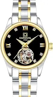 [carlien] Women Automatic Mechanical Waterproof Stainless Steel Rhinestone Skeleton Watch