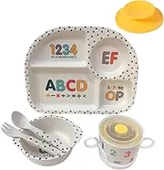 5Pcs/Set Bamboo Fiber Children Board Food Plate Bowl Cup Spoon Fork Set Dishware Cartoon Tableware Dishwasher Safe Kids Healthy Mealtime (ABCD)