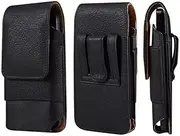 Cell Phone Waist Bag with Card Slot Men Leather, Vertical Cell Phone Belt Holster Black, 7.2" Universal Leather Smartphone Pouch with Belt Loop Carry Case Phone Belt Clip Holder Purse Wallet Bumbag