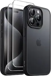 JETech 3 in 1 Matte Case for iPhone 15 Pro Max 6.7-Inch with 2-Pack Tempered Glass Screen Protector, Translucent Frosted Shockproof Phone Cover (Black)