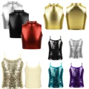 Kids Girls Sparkly Sequins Tank Tops Spaghetti Camisole Shirt Party Dance Vest