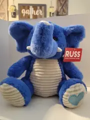 Blue Stuffed Plush Elephant W/ Glittery Heart On Foot 11 In. By RUSS