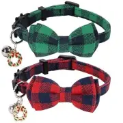 Christmas Cat Collar with Bells, Breakaway Cat Bowtie Collars, Red/Green Plaid